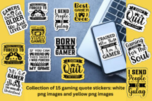 collection of 15 gaming stickers white png files and yellow png file-ubuydigitals.com