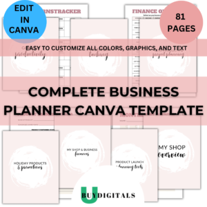 business planner, Canva template, business planning, strategy, marketing, finance, mission statement, market research, branding, productivity, holiday promotions, new product launches, product marketing, pricing, order management, inventory tracking, financial management, Canva design, customizable template