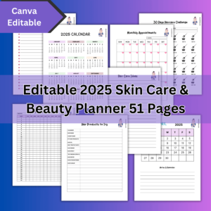 Customizable 2025 Skin Care & Beauty Planner with daily, weekly, and monthly skincare tracking pages.